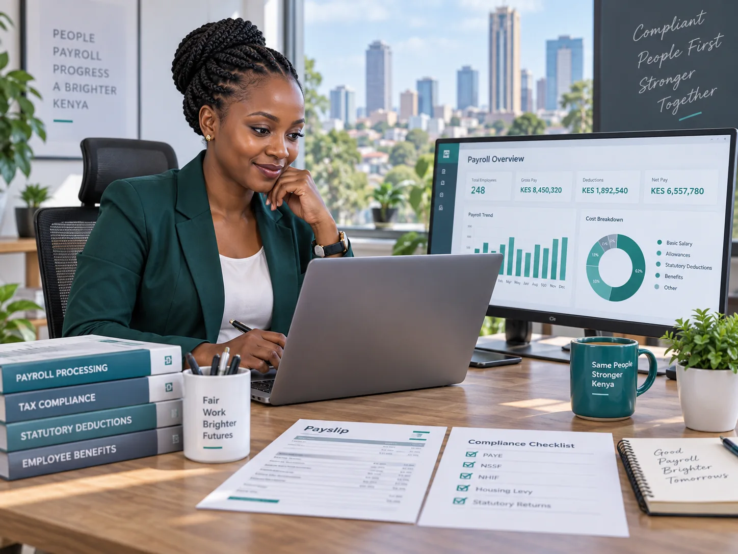 African payroll professional reviewing payroll data at a workstation